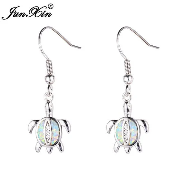 JUNXIN Casual Tortoise Blue & White Fire Opal Earring Long Dangle Earrings Silver Color Double Earrings For Women