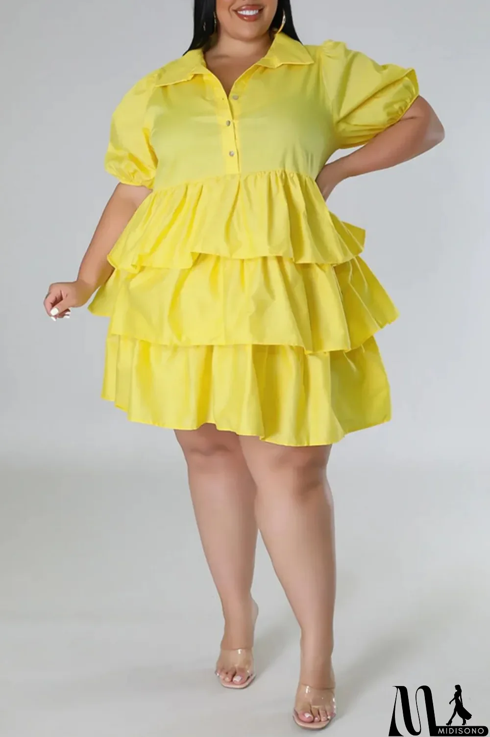 MidiSono - Light Blue Casual Solid Patchwork Turndown Collar Cake Skirt Plus Size Dresses