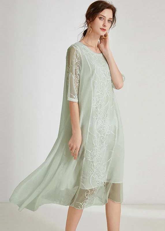 Light Green asymmetrical design Chiffon Dress Embroideried Half Sleeve