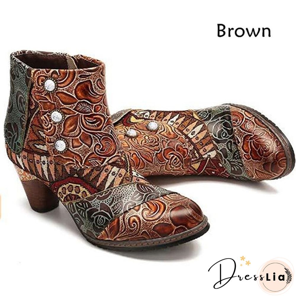 Ladies Fashion Round Toe Patent Leather High Thick Heel Stitching Casual Side Zipper Martin Boots