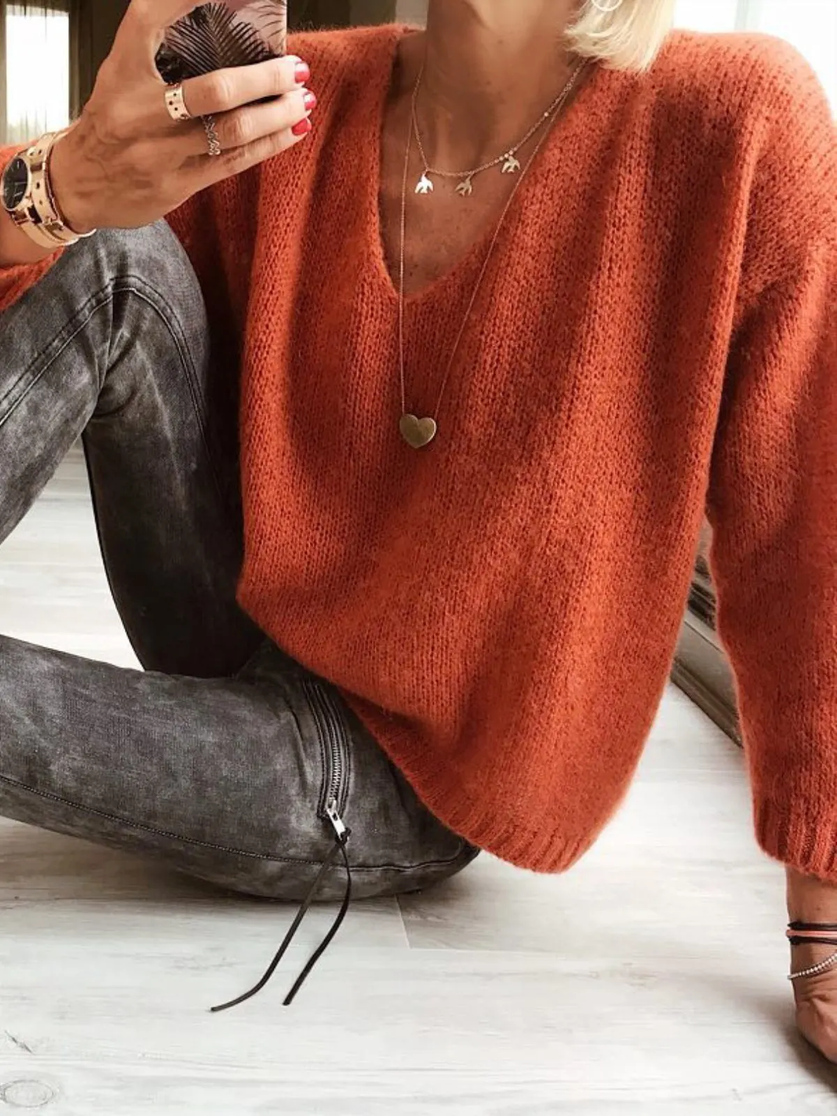 Woman Wool blend Casual V Neck Plain Sweater