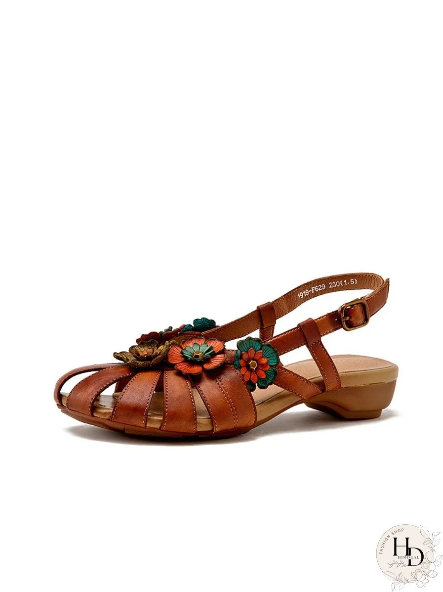 Summer Vintage Leather Flower Spliced Slippers