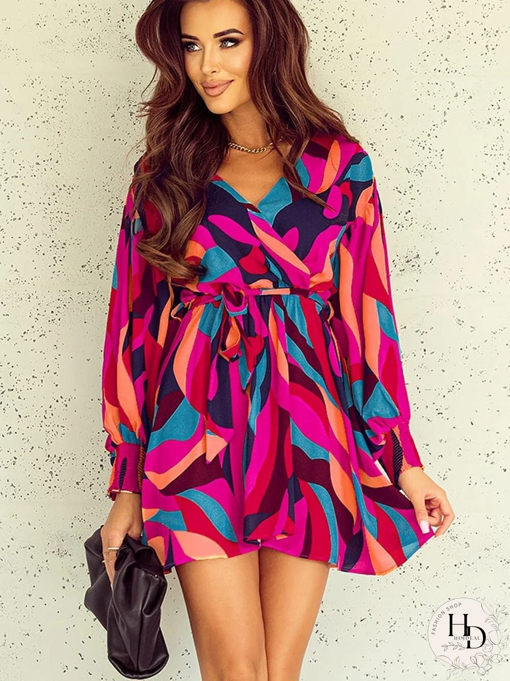 Lapel Print Lace-Up Long Sleeve Dress