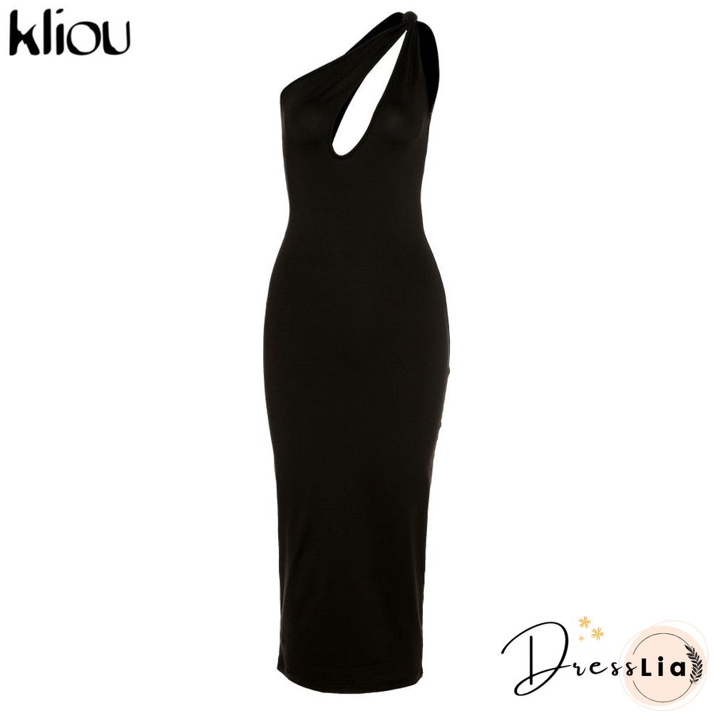 Kliou Cut Out Sexy Midnight Clubwear Maxi Dresses Solid One Shoulder Birthday Outfit For Women Slim Bodycon Party Dress