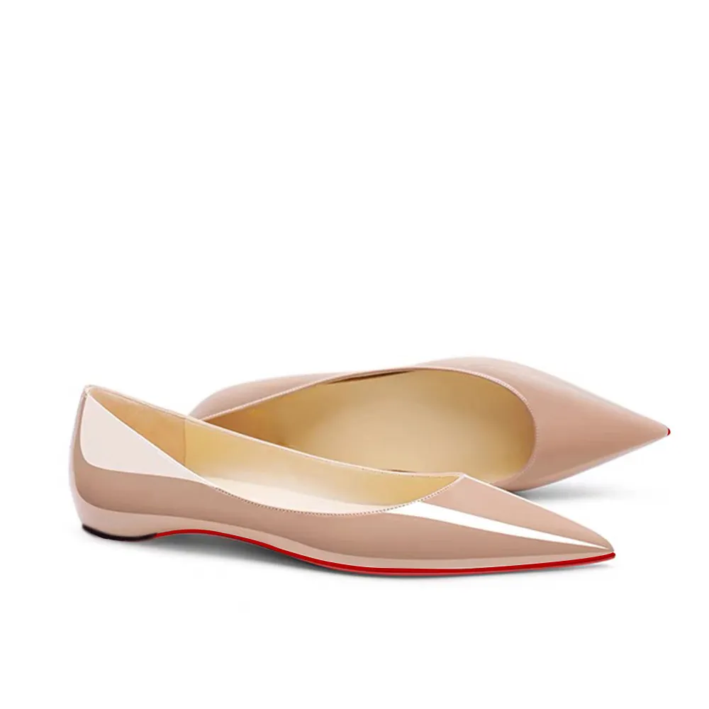 Women's Red Bottom Flat Shoes Pointed Toe Solid Color Patent Leather Shoes-vocosishoes