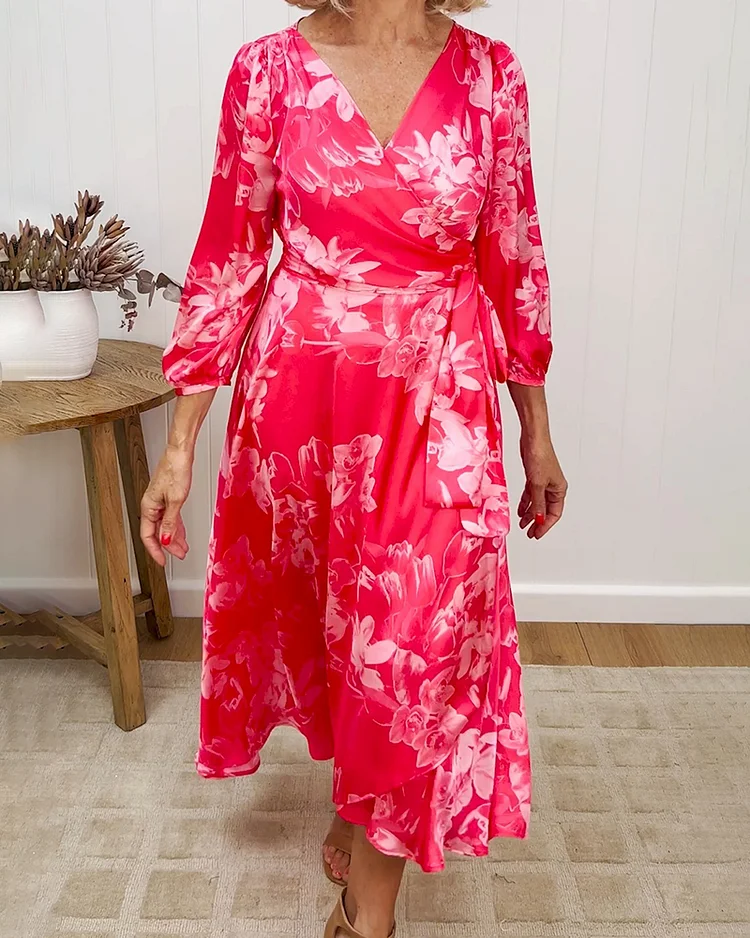 V-Neck Lantern Sleeve Printed Dress