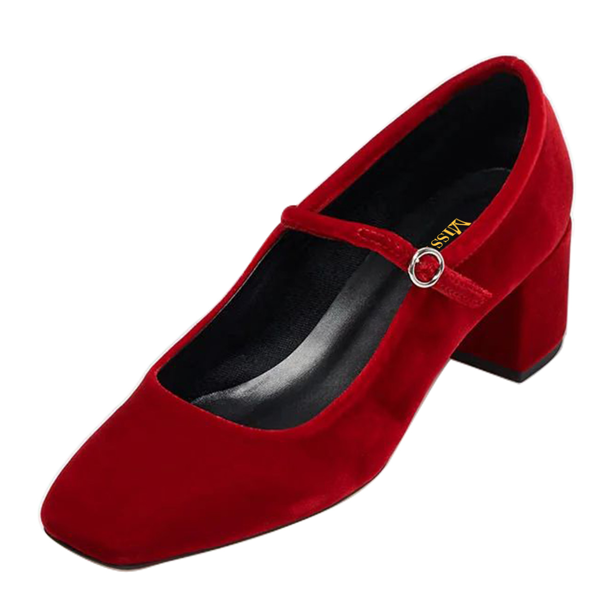 Red Velvet Square Toe Block Heel Mary Jane Shoes with Buckled Strap Nicepairs