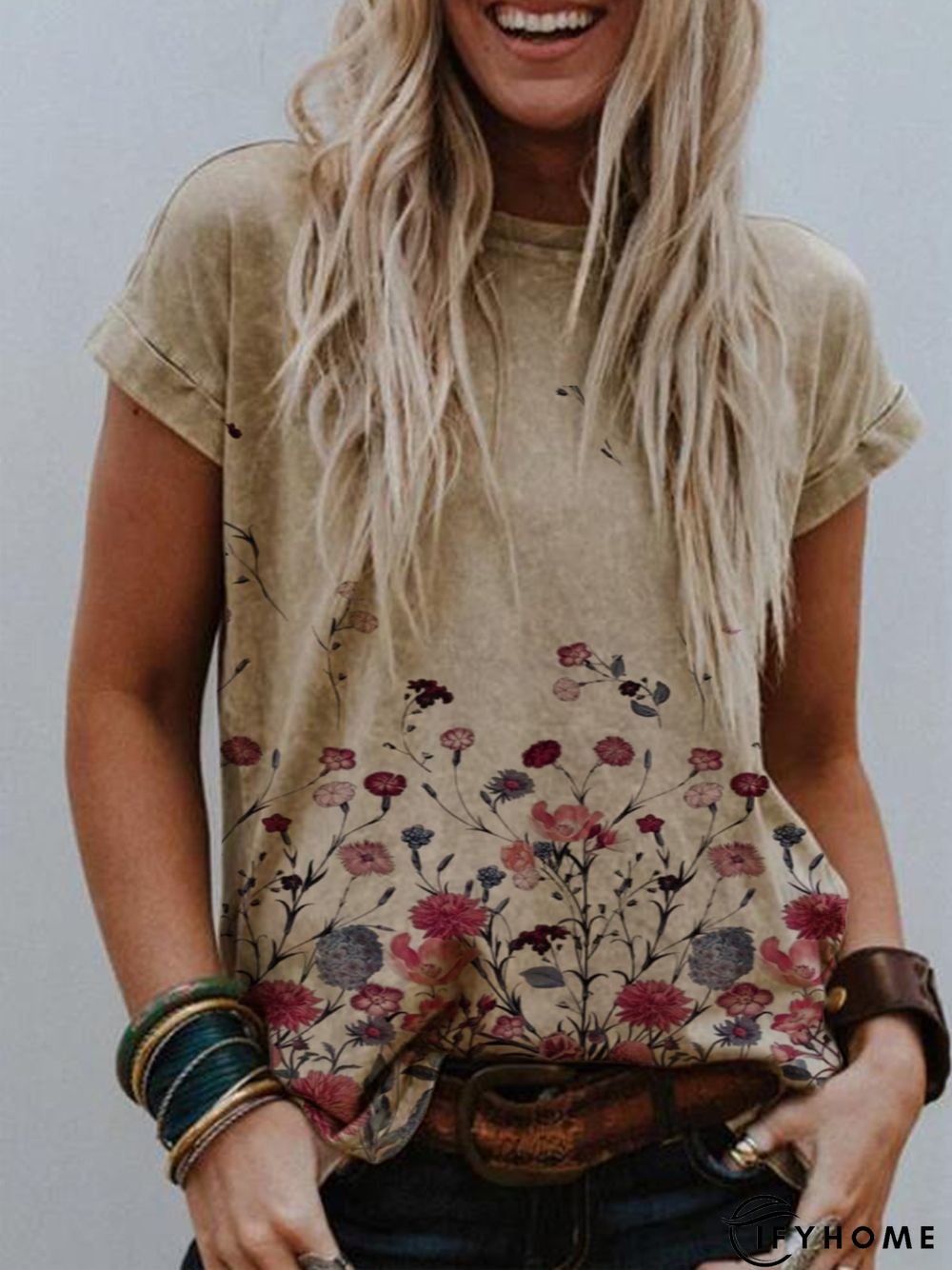 Women Simple Khaki Crew Neck Printed Plus Size T-shirt | IFYHOME