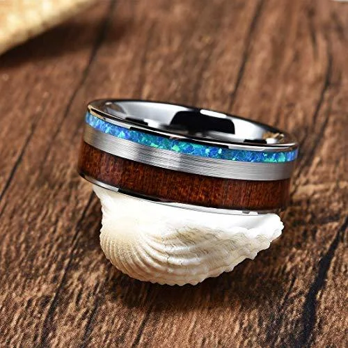 6MM 8MM Women's Or Men's Tungsten Carbide Wedding Matching Rings Silver with Wood and Blue Opal Inlay Comfort Fit