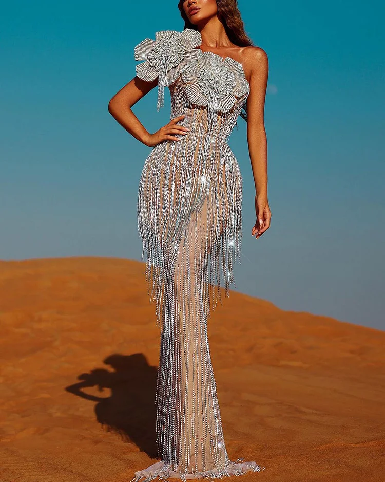 One-Shoulder Crystal Embellished Fringed Gown
