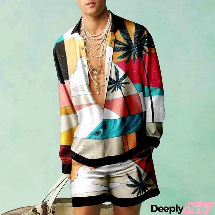 Men Casual Printed Long-Sleeved Loose Shirt And Shorts Two-Piece Set