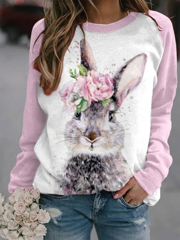 Women's Happy Easter Watercolor Bunny Print Sweatshirt