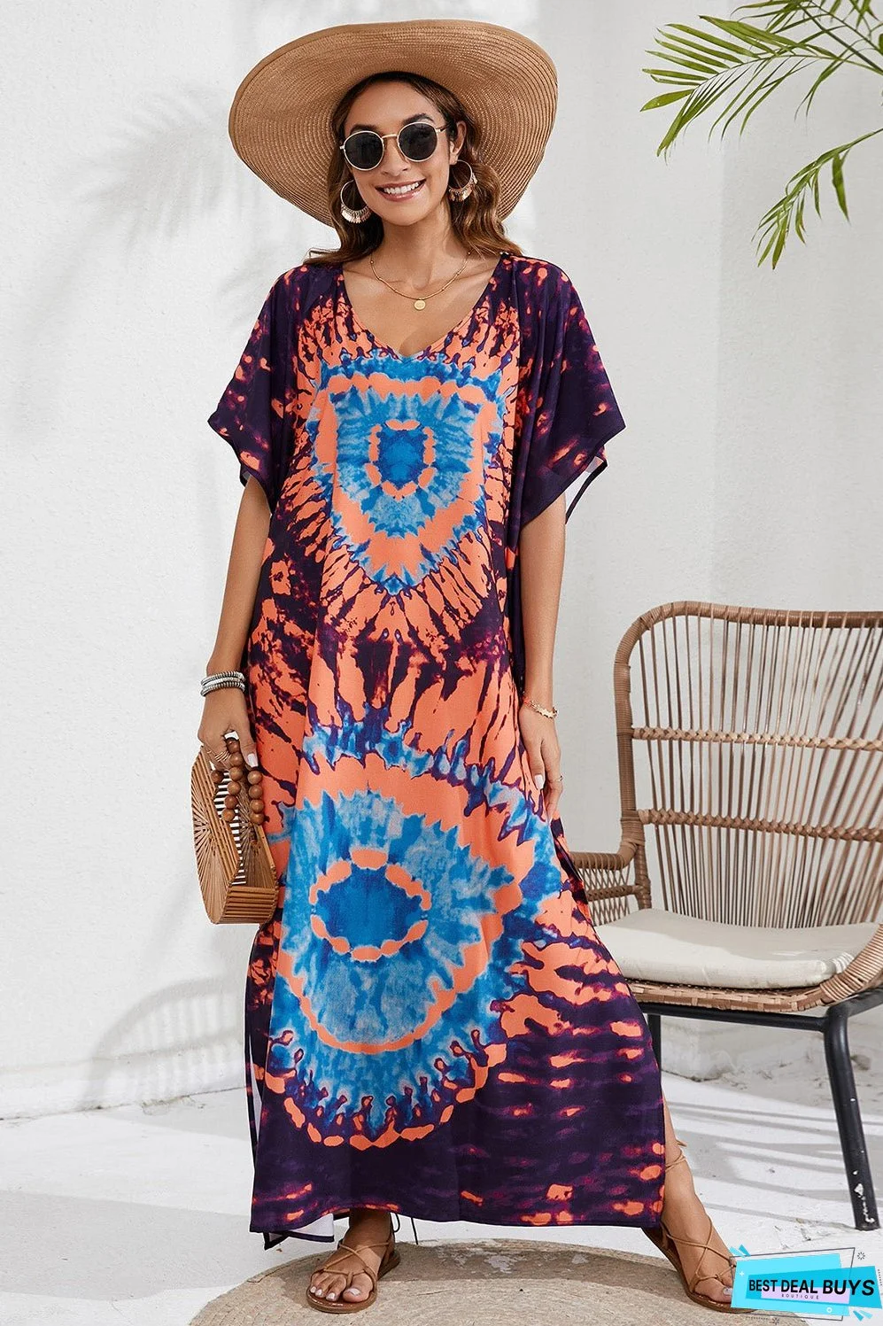 Slit Printed V-Neck Short Sleeve Cover Up