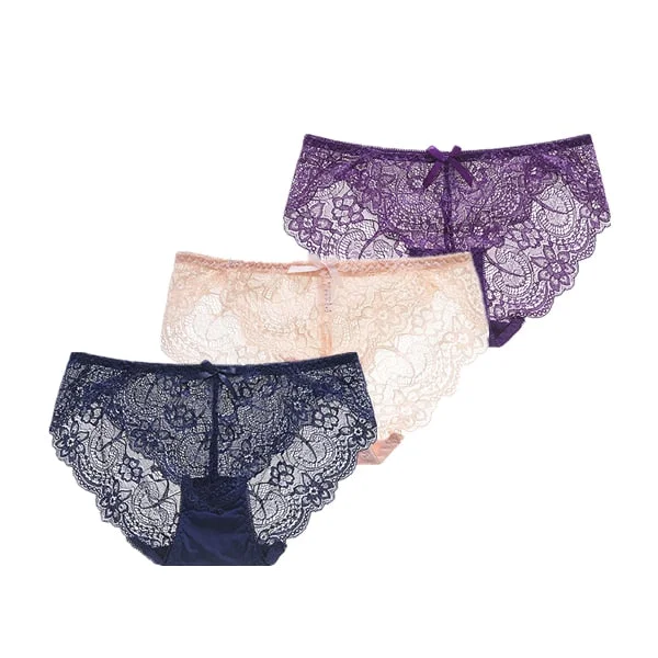 3Pcs/Lot Sexy Lace Underwear Women Transparent Low Waist Panties Cotton Crotch Briefs for Girls Breathable Seamless Lingeries