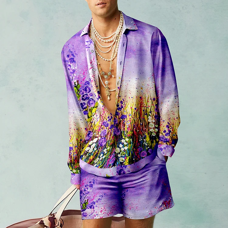 BrosWear Purple Classic Flower Oil Painting Shirt And Shorts Co-Ord