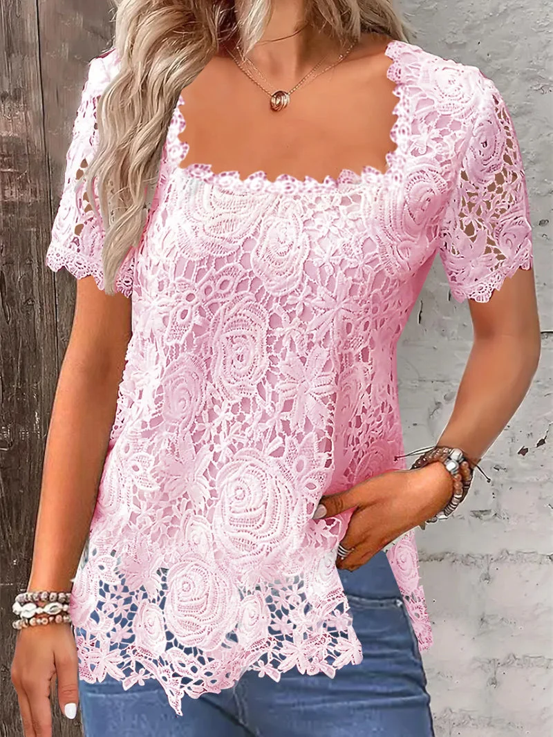 Women Short Sleeve Square Collar Solid Color Lace Tops