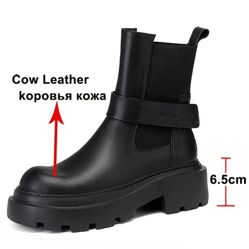 Meotina Genuine Leather Ankle Shoes Women Think Heel Short Boots Round Toe High Heel Ladies Boots 2021 Autumn Winter Khaki Black