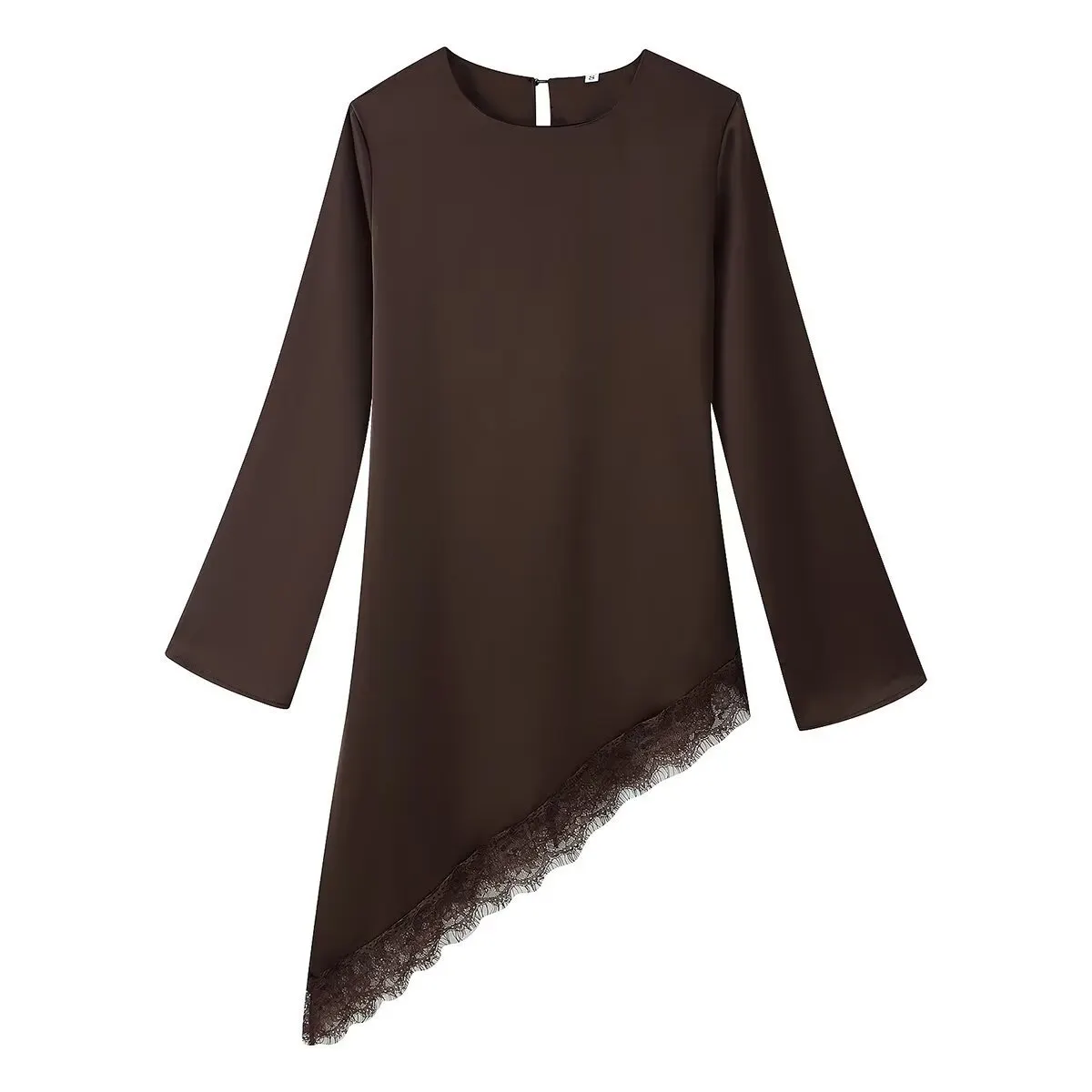 Solid Round Neck Long Sleeve Mid Waist Ruched Lace Splicing Irregular Midi Dress