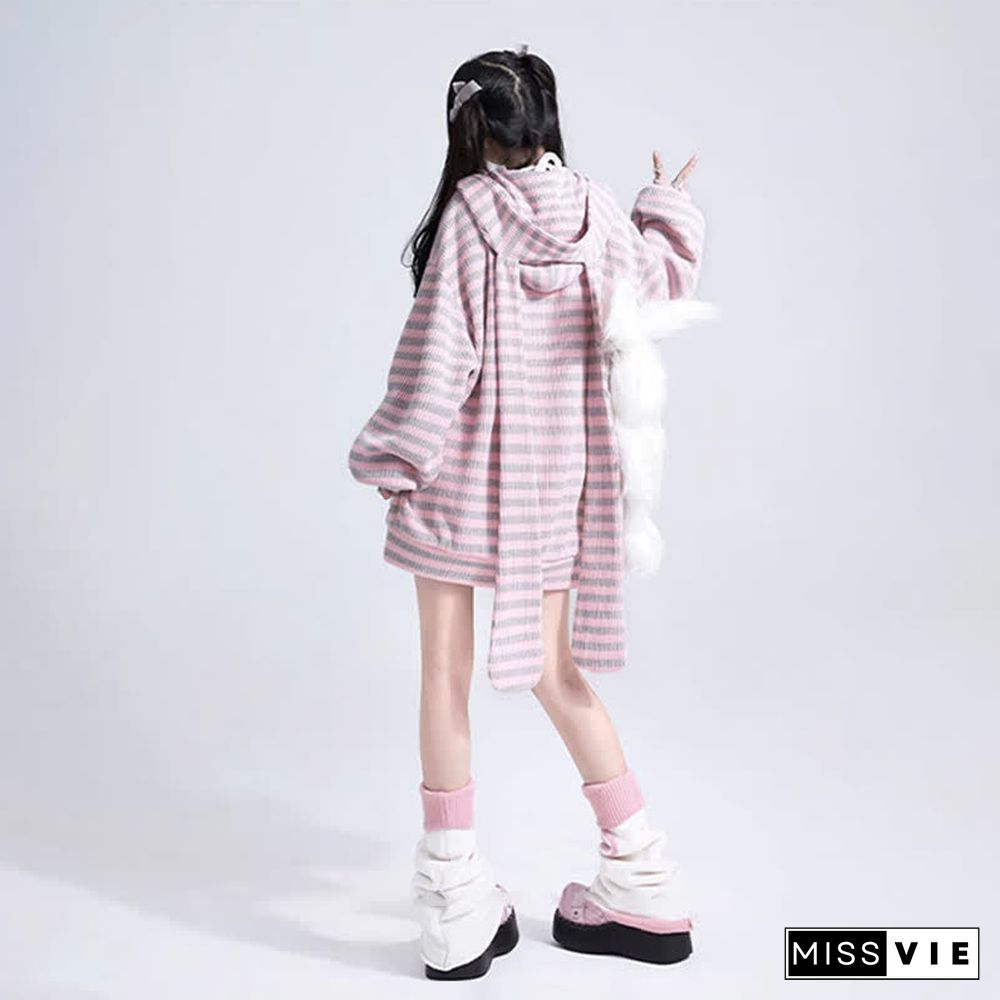 Long Bunny Ears Pocket Oversize Zipper Hooded Sweatshirt