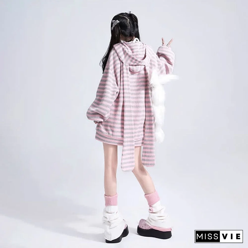 Long Bunny Ears Pocket Oversize Zipper Hooded Sweatshirt