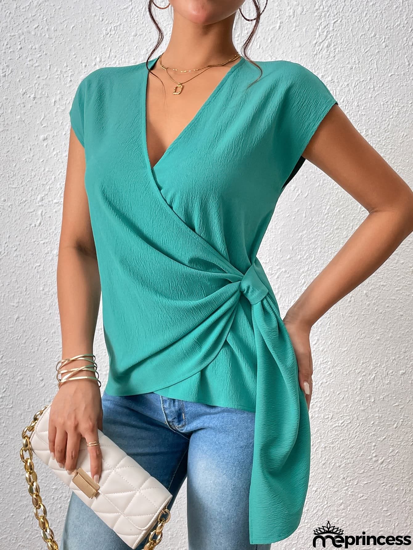Tied Surplice Neck Short Sleeve Blouse