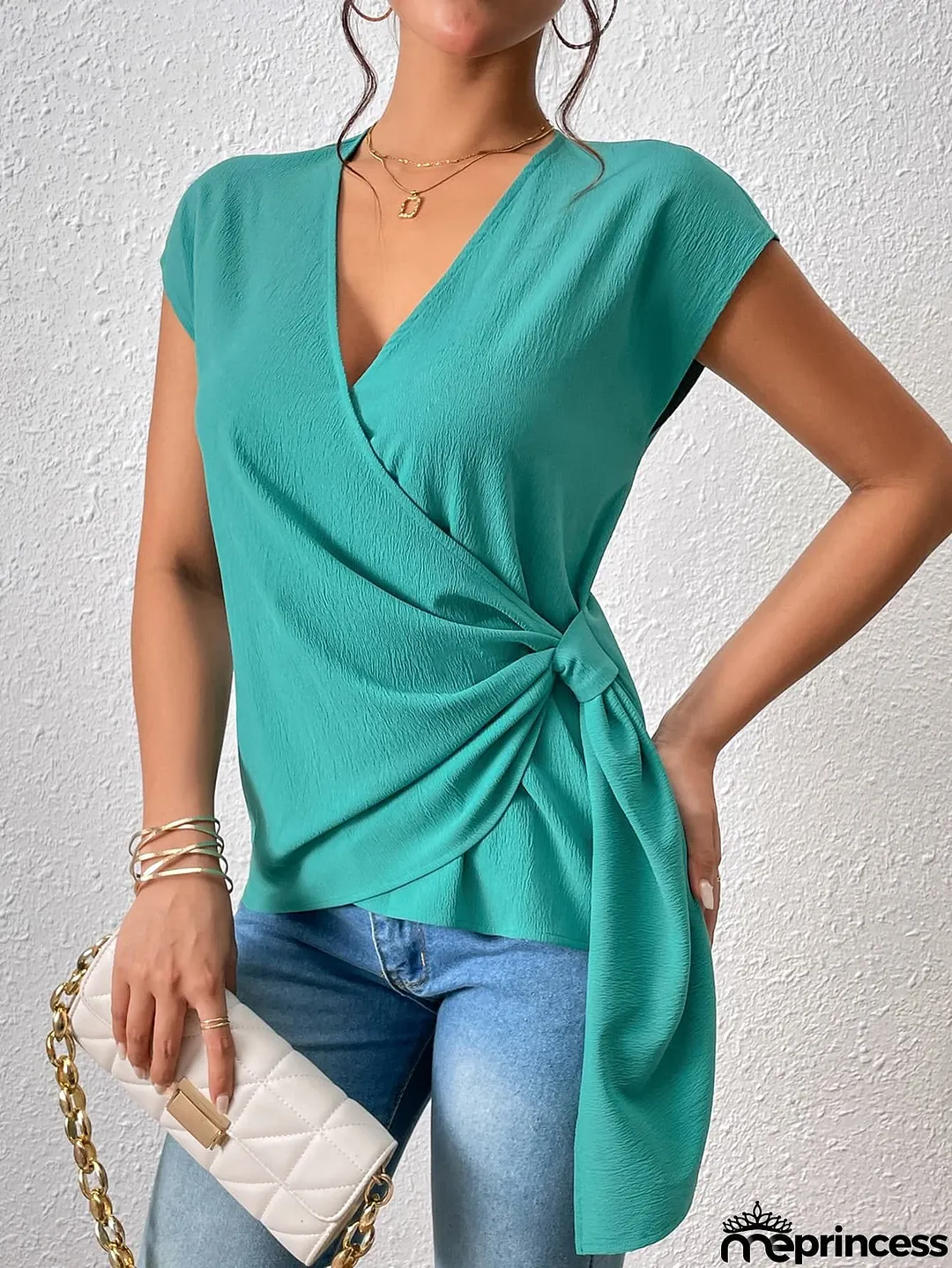 Tied Surplice Neck Short Sleeve Blouse