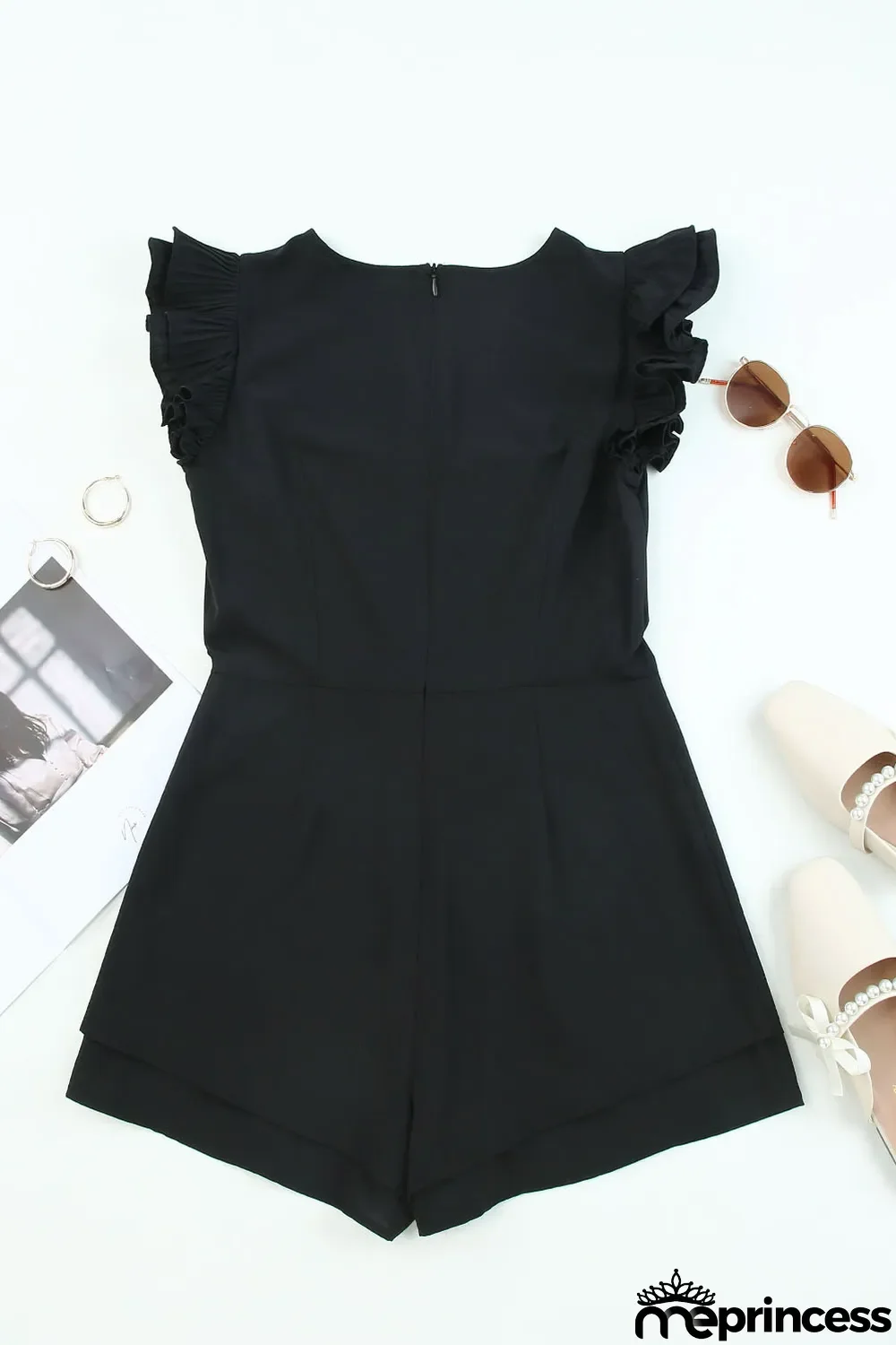 Black Ruffle Sleeves Solid Romper