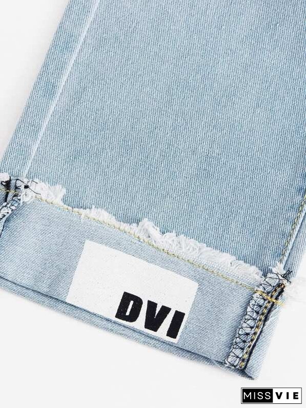 Plus Slogan Graphic Ripped Boyfriend Jeans for Women