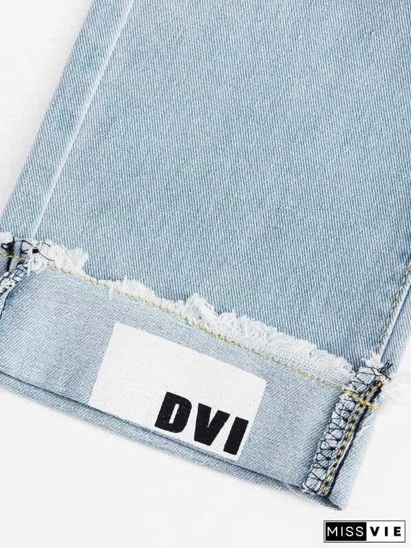 Plus Slogan Graphic Ripped Boyfriend Jeans for Women