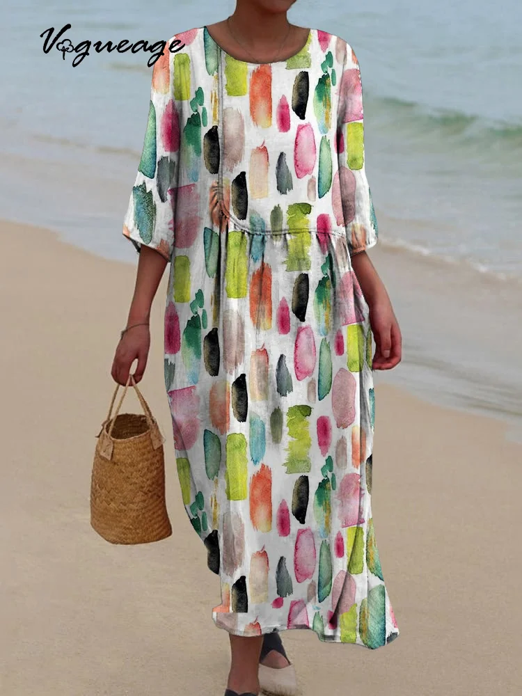 Simple Colorful Spots Printed Women's Casual Cotton And Linen Dress