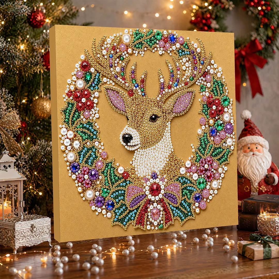 Christmas Reindeer Wreath Framed Pearl Painting Kit 25x25cm for Adults