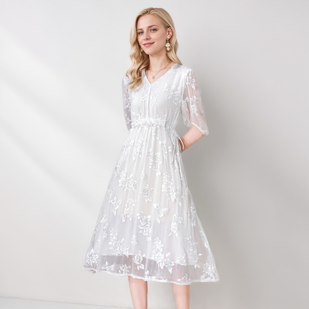 Silk V-Neck Dress Flower Embroidered For Beach REAL SILK LIFE