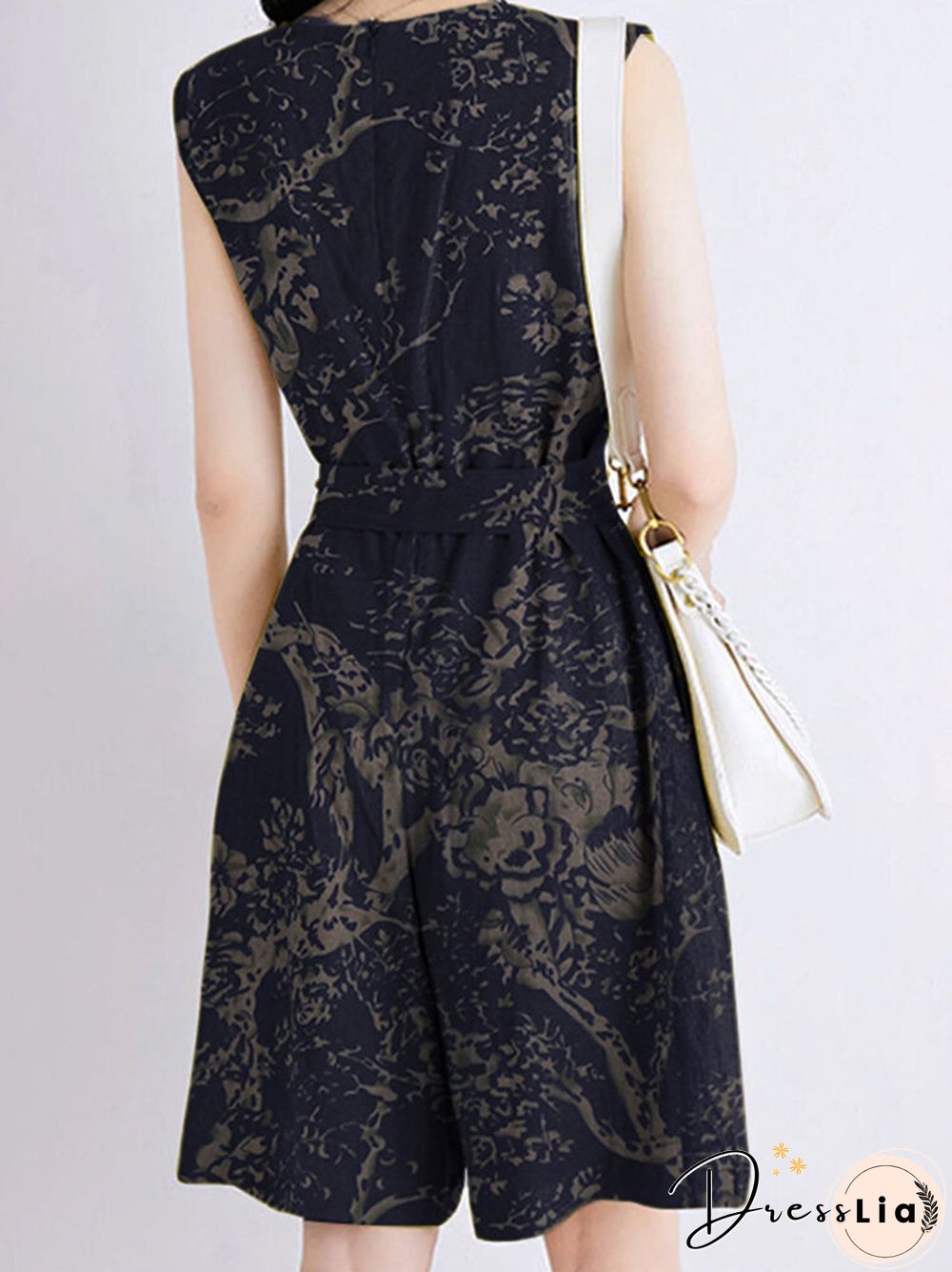 Plants Print Pocket Sleeveless Crew Neck Belt Romper