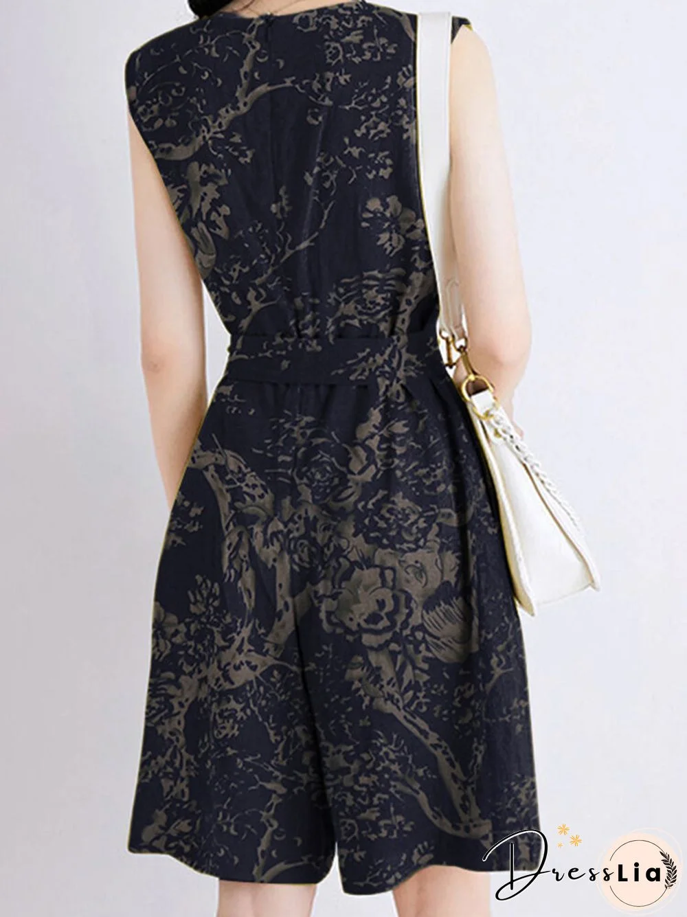 Plants Print Pocket Sleeveless Crew Neck Belt Romper