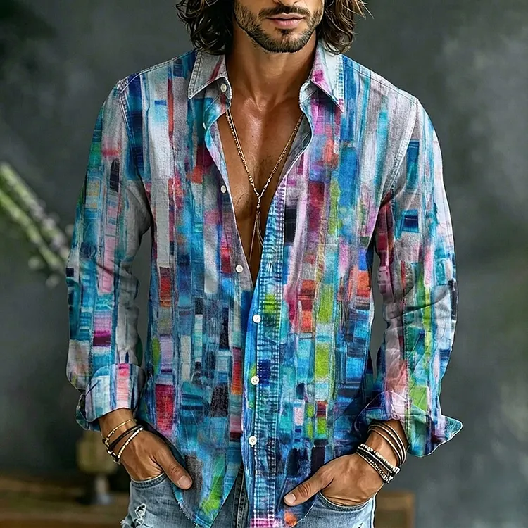 Vintage Colorful Color Blocks Patterns Casual Cotton Linen Shirt
