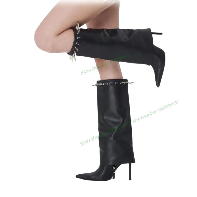 VCSHOES Black Rivet Matte Leather Knee High Boots Pointed Toe Shoes For Women Thin High Heels Party Shoes Zapatos Para Mujere