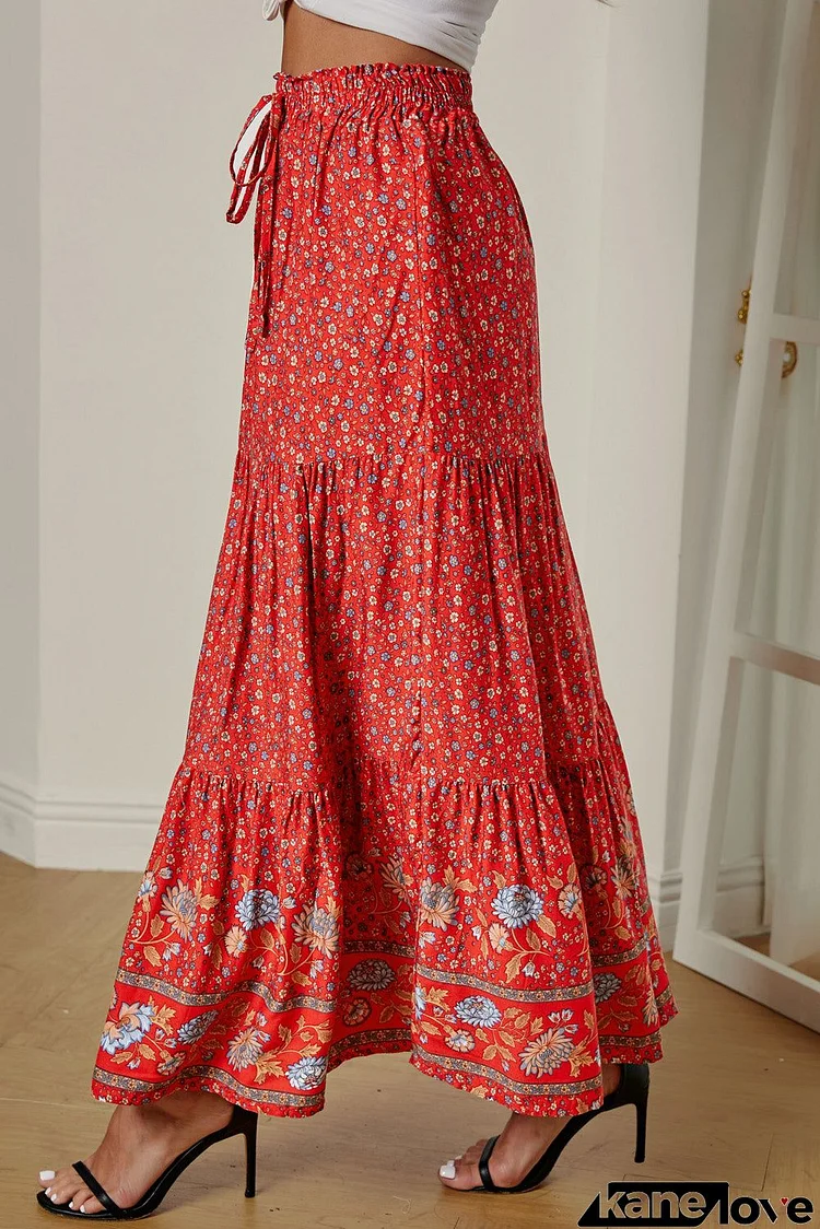 Red Boho Floral Print Elastic High Waist Pleated Maxi Skirt