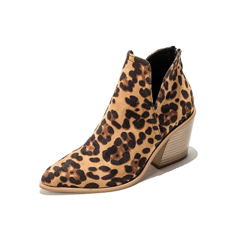 Women's Ankle Boots Pointed Toe Leopard Print Chunky Heels