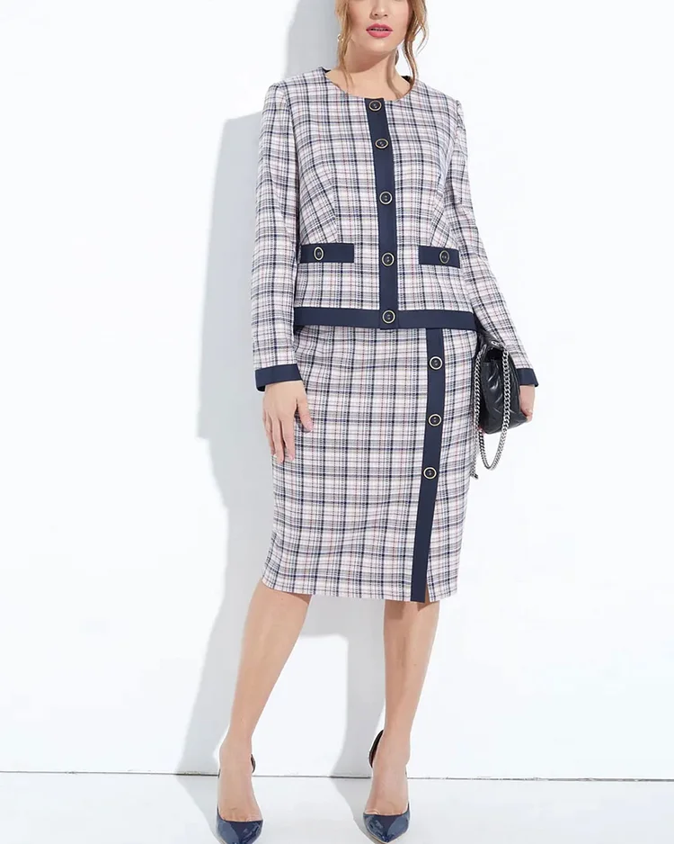 Elegant plaid jacket and skirt two-piece set