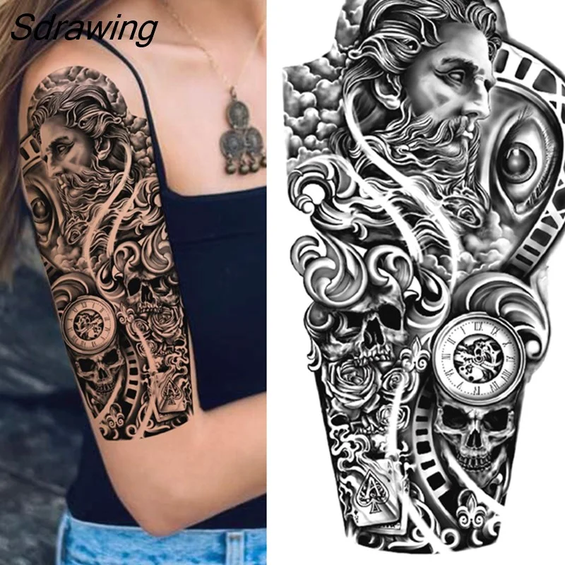 Sdrawing Tiger Temporary Tattoos For Men Women Kids Lion Skull Cross Tattoo Sticker Black Compass Skeleton Tatoos Leg Thigh 328-1