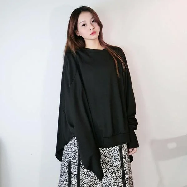 Women T-shirt Fashion Batwing Sleeve Solid Color Loose Pullover Top Winter Casual All-match Black Street Trendy