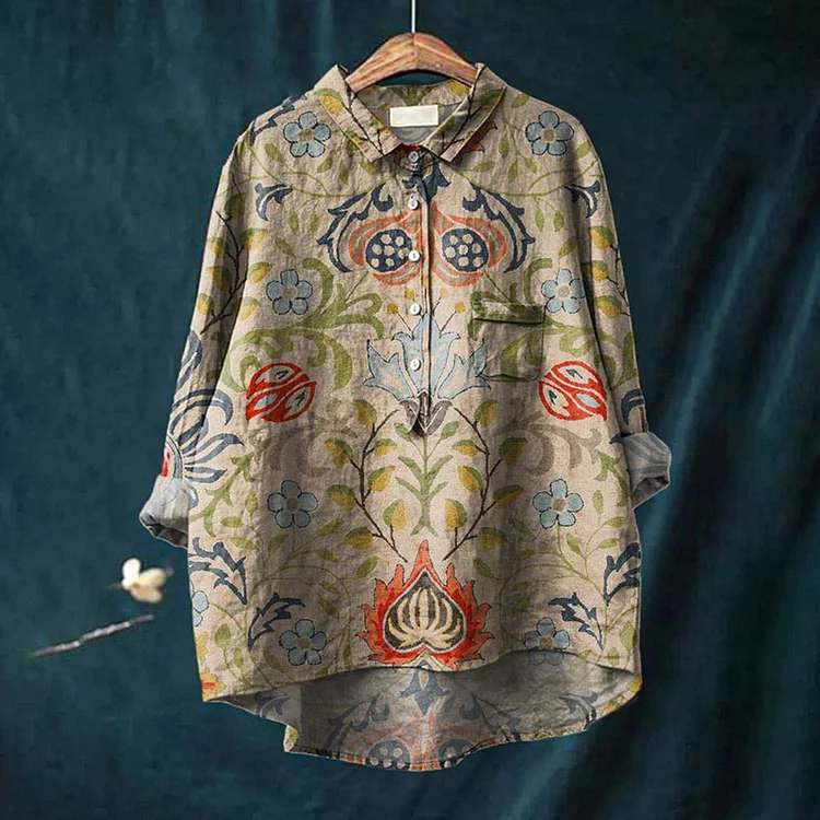 Women's Vintage Ethnic Floral Art Print Casual Cotton Linen Shirt