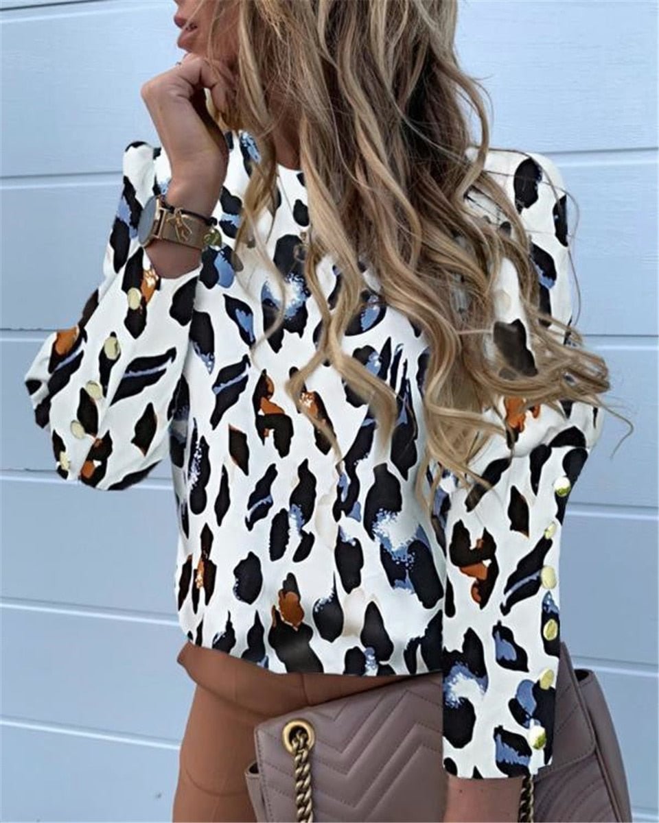 Fashion OL Women Office Blouses Button Long Sleeve Shirts Ladies Casual O-Neck Leopard Top Plus Size 5XL Spring Fall Clothes