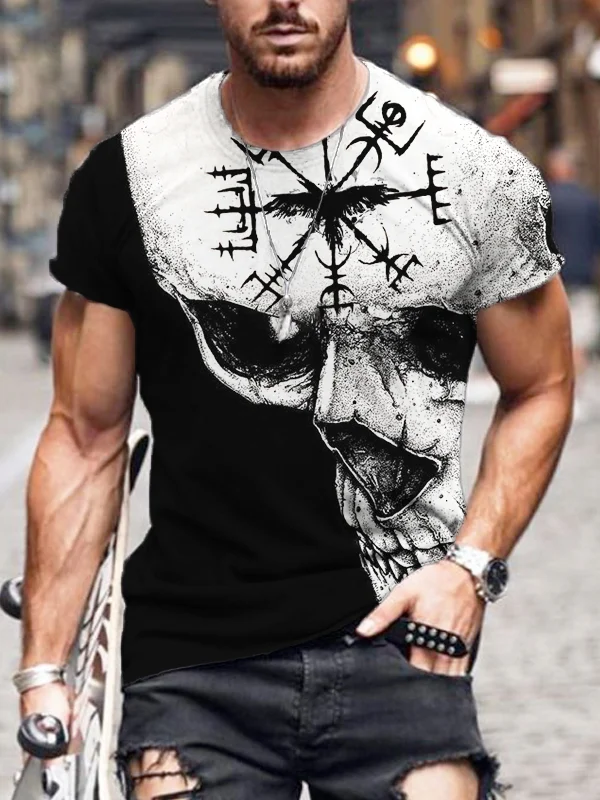 Men's Viking Vegvisir & Warrior Skull Contrast Graphic T Shirt