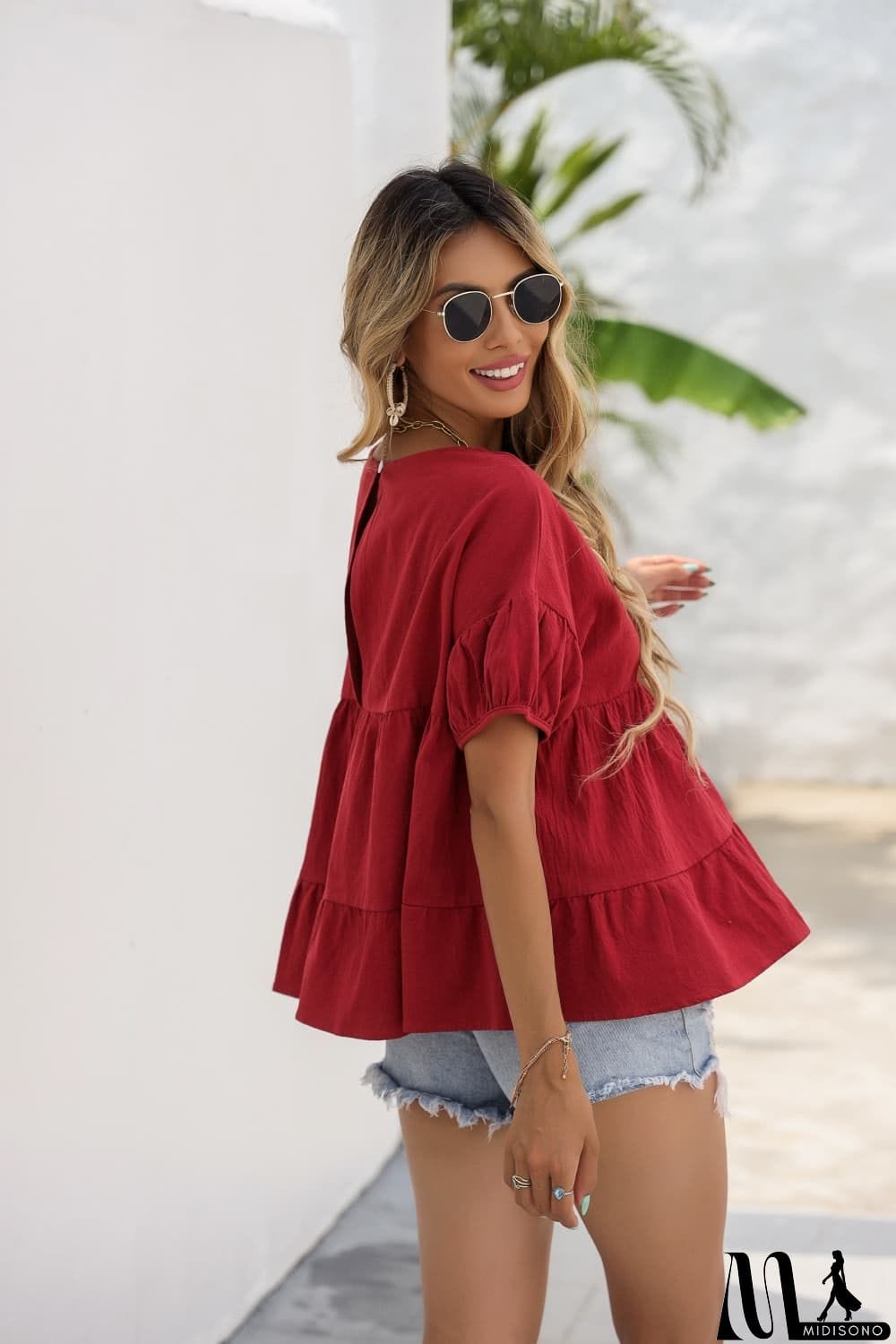 MidiSono - Round Neck Ruched Short Sleeve Blouse