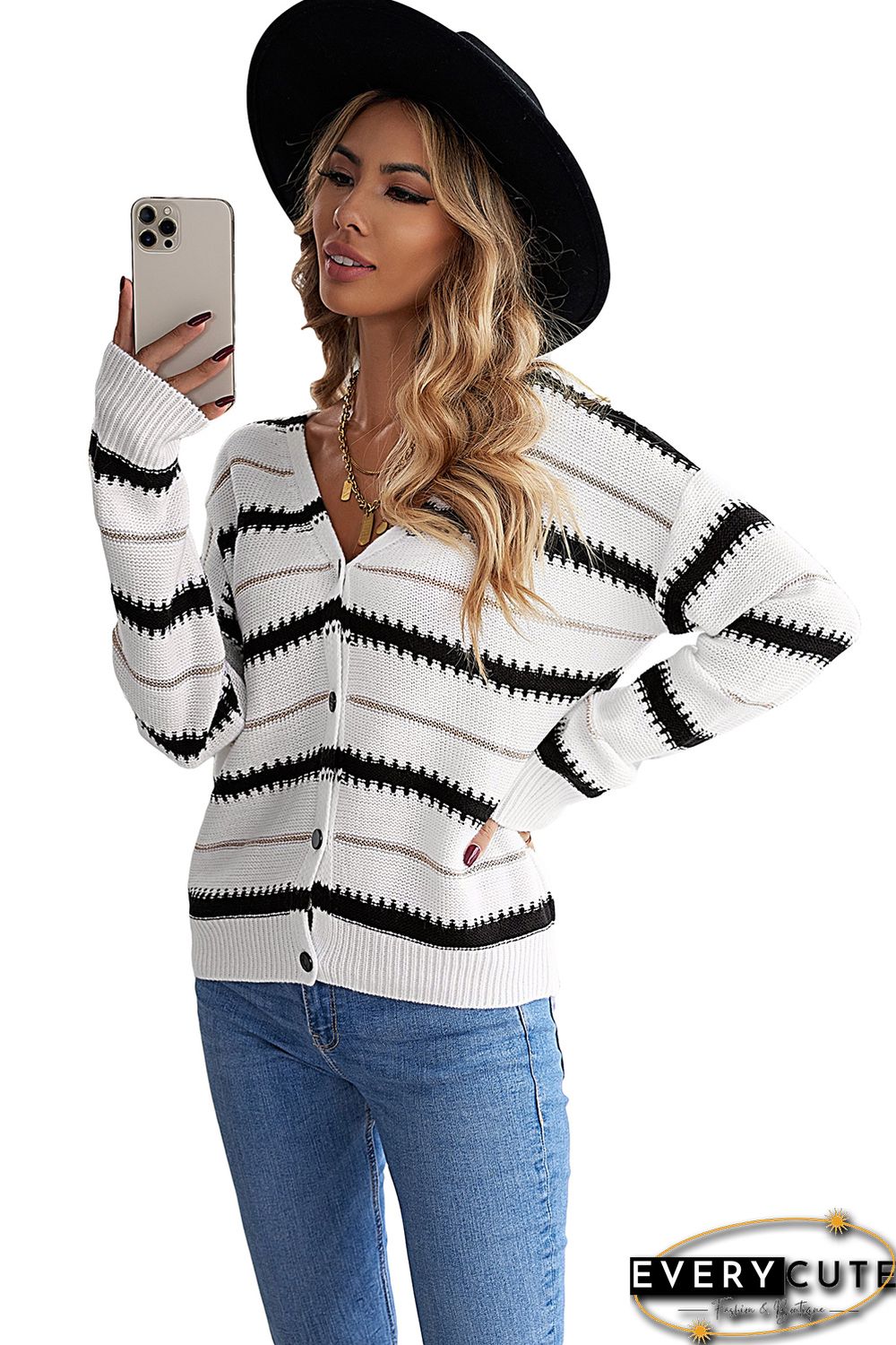 White V Neck Stripes Colorblock Button Cardigan