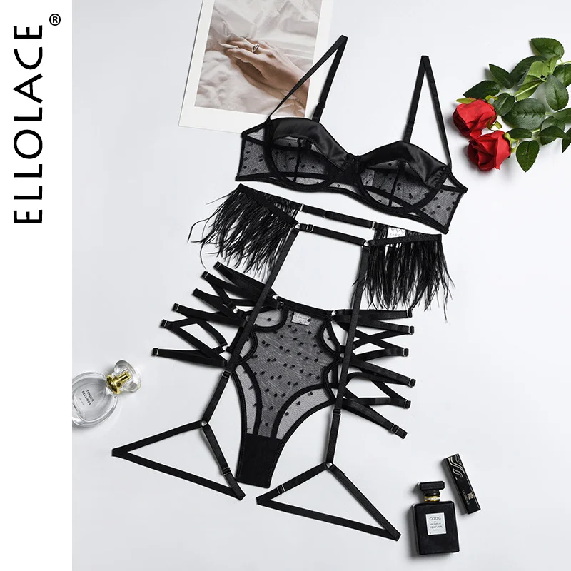 Billionm Ellolace Feather Lingerie Sexy Polka Dot Underwear Transparent Bra Set Woman 3 Pieces Erotic Fancy Brief Sets See Through Outfit