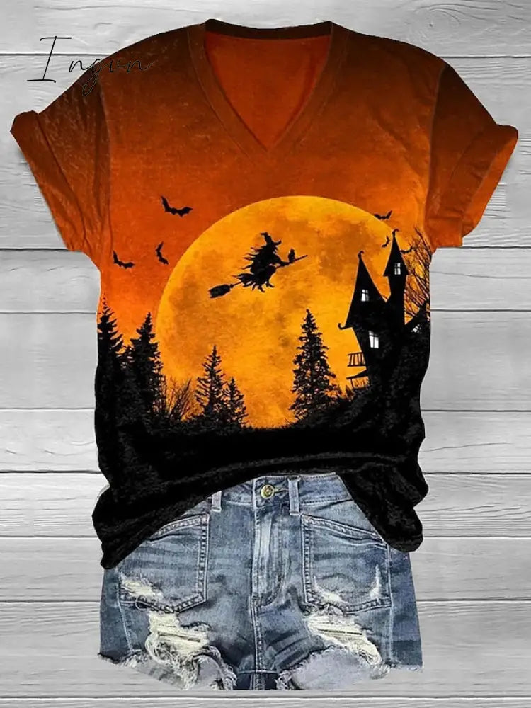Ingvn - Women’s T Shirt Tee Halloween Shirt Black Yellow Pink Graphic Floral Print Short Sleeve