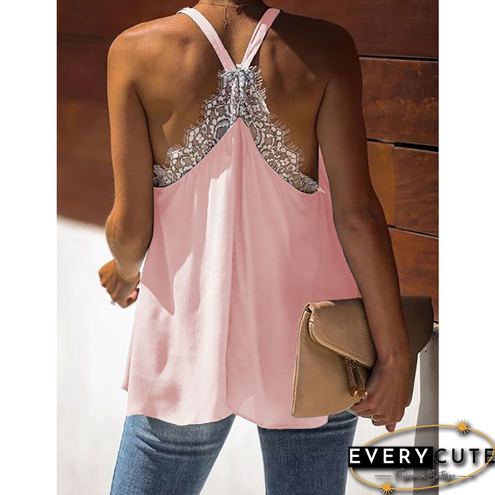 Pink V Neck Lace Detail Open Back Tank Top