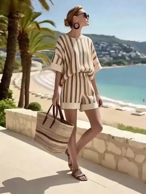 Women'S Loose Striped Holiday Shorts Set